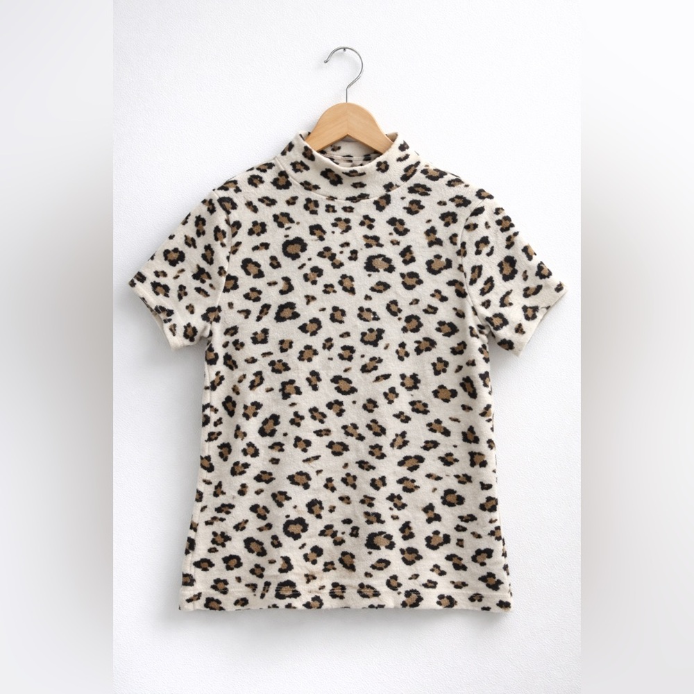 Anthro Field Flower Leopard Print Sweater Small Gold Metallic Short Sleeve Cozy